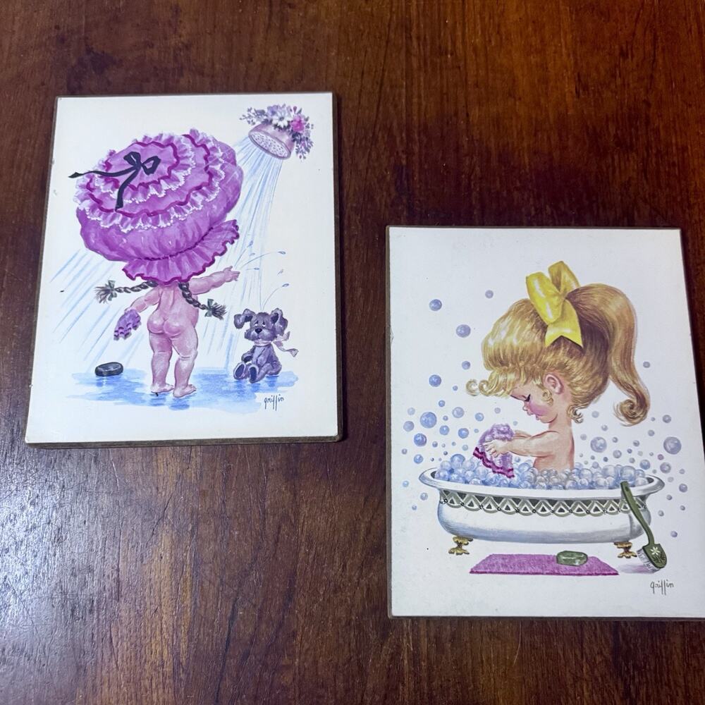 Vintage 1960’s Bathroom Wall Art Girls Bath Set 2 Signed Griffin 8”x10”